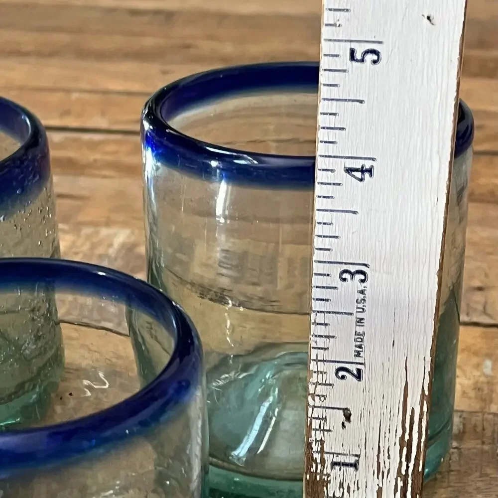 Hand-Blown Mexican Short Tumblers Set of 3 Clear Blue Rim